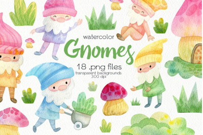 Watercolor Garden Gnomes Clipart - PNG Files