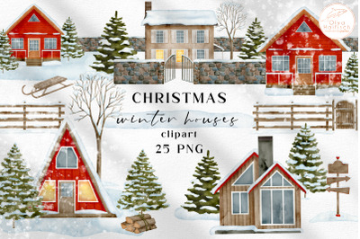 Winter Houses Watercolor Clpart. Christmas Countryside PNG Set