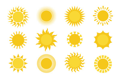 Sun icons. Round simple graphic element collection&2C; summer sun yellow