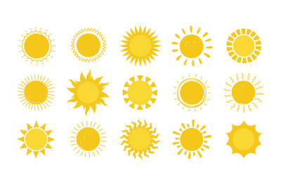 Doodle Sun. Hand drawn simple graphic circle solar elements collection