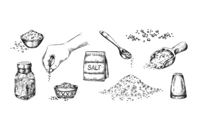 Hand drawn salt. Realistic saltcellar or bowl with salty seasoning. He