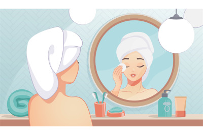 Girl skin care. Cartoon beautiful girl in bathroom cleaning her face s