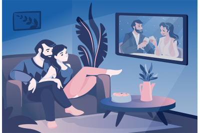 Couple watch TV. Family sitting on couch and watching television show,