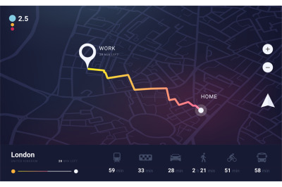 GPS track. City map application with navigation UI. Tracking path and