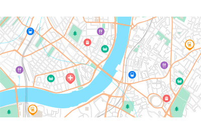 GPS point map. Navigation signs on city scheme. Urban plan with parks