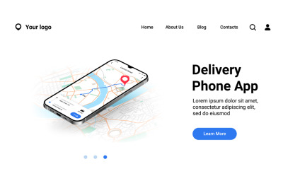 Phone city map landing page. Mobile delivery application interface. On