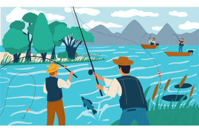 Fishing. People fish with rods from shore or on boat. Scene with happy