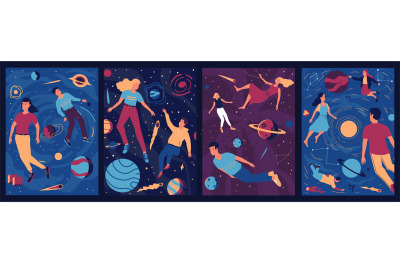 Abstract cosmos posters. People float in outer space with zero gravity