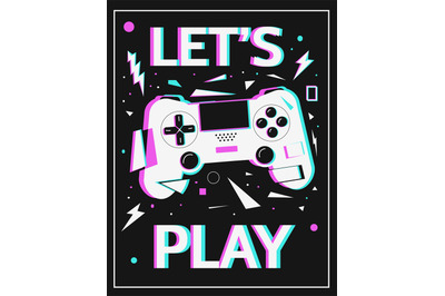 Gamer poster. Let&#039;s play concept. White gamepad and abstract geometric