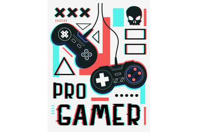 Play video game poster. Pro gamer concept. Wired joysticks and abstrac