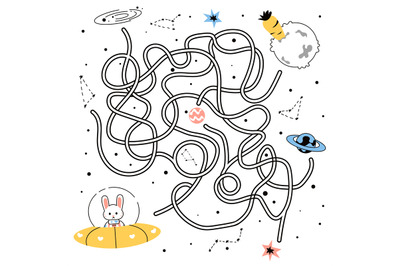 Maze game. Doodle tangled path of rabbit flying in space to alien plan