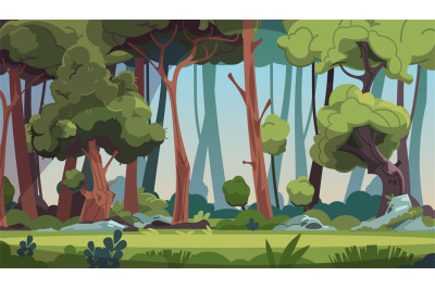 Forest landscape. Cartoon wood with green foliage and strong tree trun