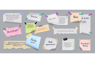 Sticky notes. Realistic reminders on adhesive tapes with clip binders