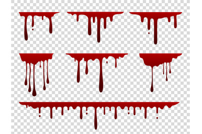 Red dripping stain. Liquid paint splash. Spooky flowing blood set. Cur