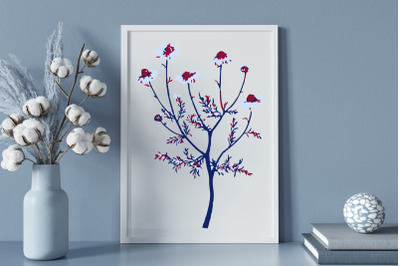 Blue &amp; Red Abstract Camomile Flower Illustration