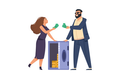 Rich people. Cartoon happy man and woman with metal safe full of money