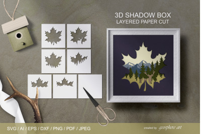 3D maple leaf paper cut Shadow box. Layered papercut SVG
