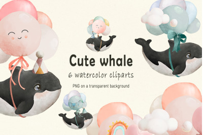 Watercolor boho baby Cute whale on balloons Print cliparts