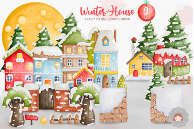 Watercolor Christmas Winter House Clipart | Winter House Bundle Ready