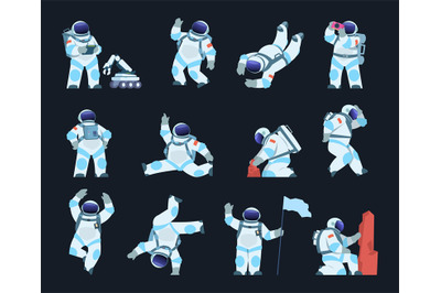 Astronaut. Cartoon spaceman in different poses. Cosmic explorer wears