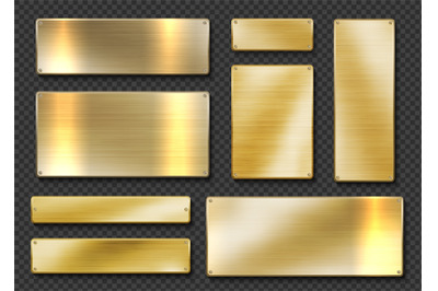 Gold plates. Realistic golden metal banners. 3D screwed boards on tran