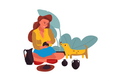 Woman with dog at home. Cartoon character sitting on floor. Young fema