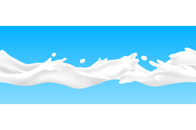 Milk splash seamless pattern. Realistic yoghurt horizontal stream. Dai