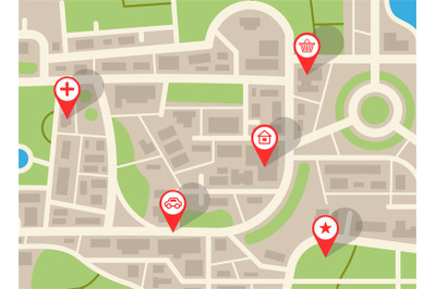 City map. Navigation plan with red pins. GPS application&2C; web navigati