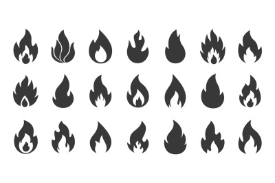 Fire icons. Simple flame silhouettes. Black contour warning signs. Col