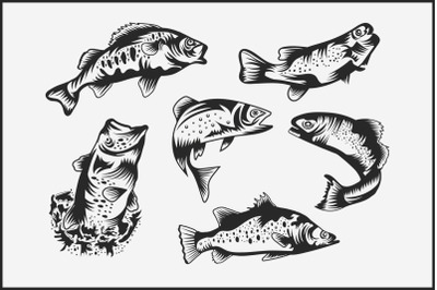 Black and white fish vector bundle set