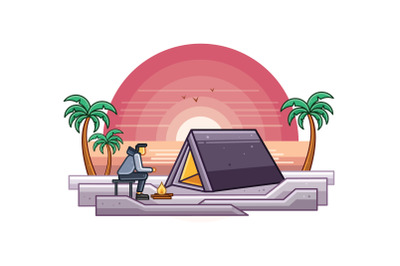 Camping at Beach Graphics Illustration