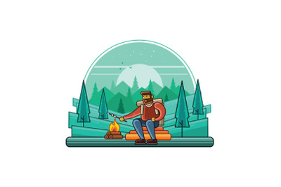 Camping Outdoor at Night Graphics Line Illustrator