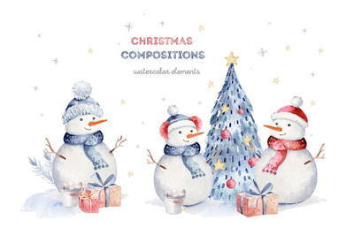 Cute cartoon Watercolor Christmas Clipart snowman, merry christmas