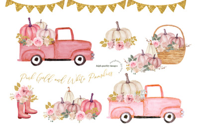 Pink White Autumn Pumpkin Truck Clipart, Dusty Pink Flower