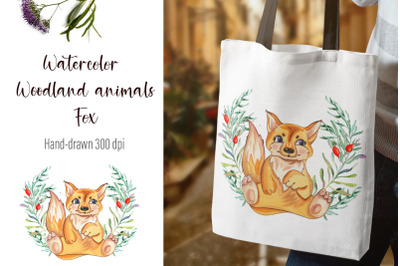 Watercolor fox and beautiful wreath PNG for sublimation