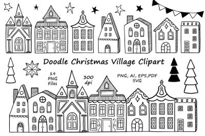 Doodle Christmas Village Clipart, Houses SVG, Christmas house