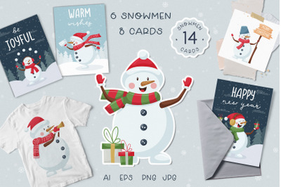 Christmas snowmen. Characters &amp; cards PNG, JPG