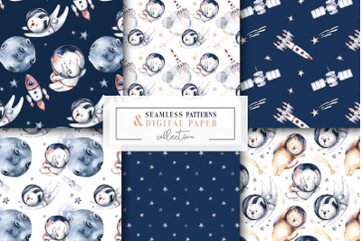 Outer Space bunny Seamless Pattern, Astronaut Animals Digital Paper