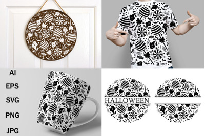 Pattern and round sign&2C; sweets and ghosts Halloween svg