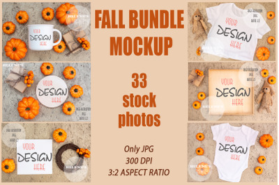 Fall Mockup Bundle, Autumn styled blank flat lay, shirt, baby bodysuit