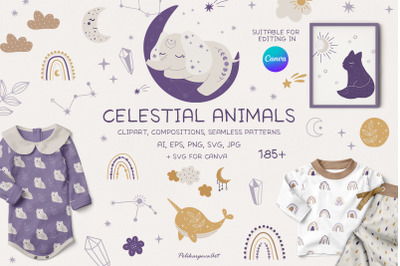 Celestial Animals clipart &amp; pattern