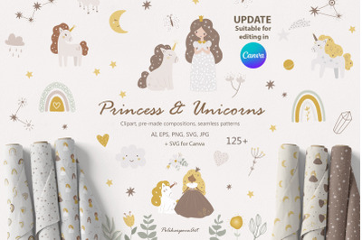Little Princess &amp; Unicorn clipart &amp; pattern