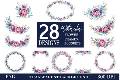 Watercolor Floral Frames | Set of 28 designs, PNG