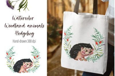 Watercolor Hedgehog and beautiful wreath PNG for sublimation