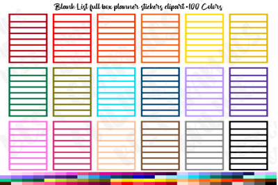 100 List Full Box Planner Clipart&2C; Lined Full Box Stickers