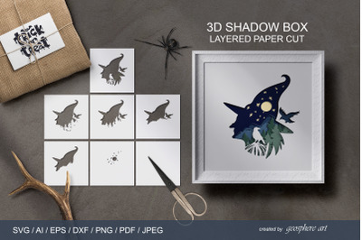 Halloween Witch hat 3D Shadow box. Layered papercut SVG