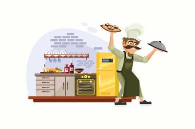 Chef Cooking in Kitchen Vector Illustration