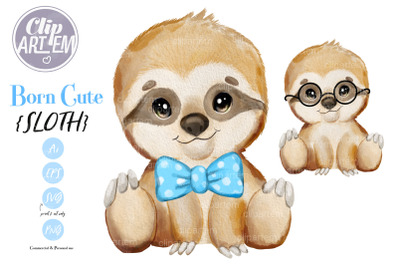 Cute Boy Sloth bowtie ClipArt PNG SVG Vector watercolor images file.