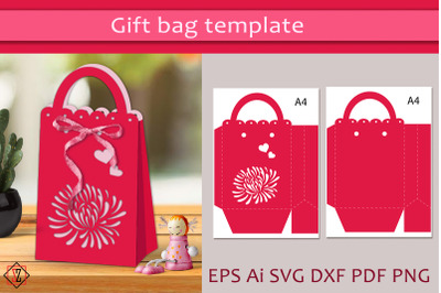 Gift bag template with aster and hearts. Cutting file