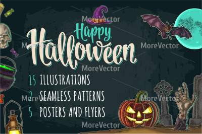 Posters Illustration Pattern Halloween Engraving